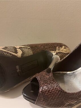 Ann Michell Brown Snakeskin Peep-Toe Heels with Silver Stiletto